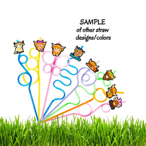 Silly Highland Cow Straw Bundle of 3 - BLUE, PINK & RED - Picture 3 of 4